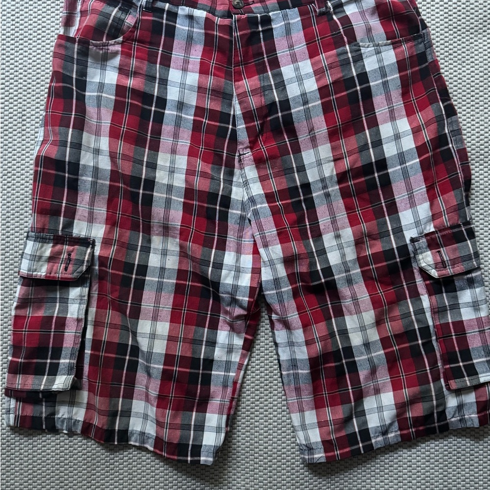 Men's Plaid Cargo Shorts - Red, Black, and White